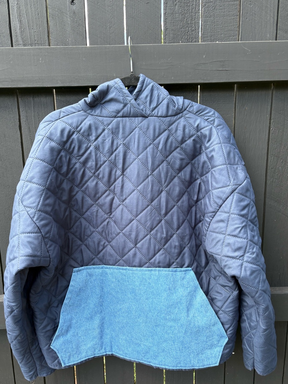 Upcycled Quilted Hooded Women's Jacket in Navy with Denim Pocket